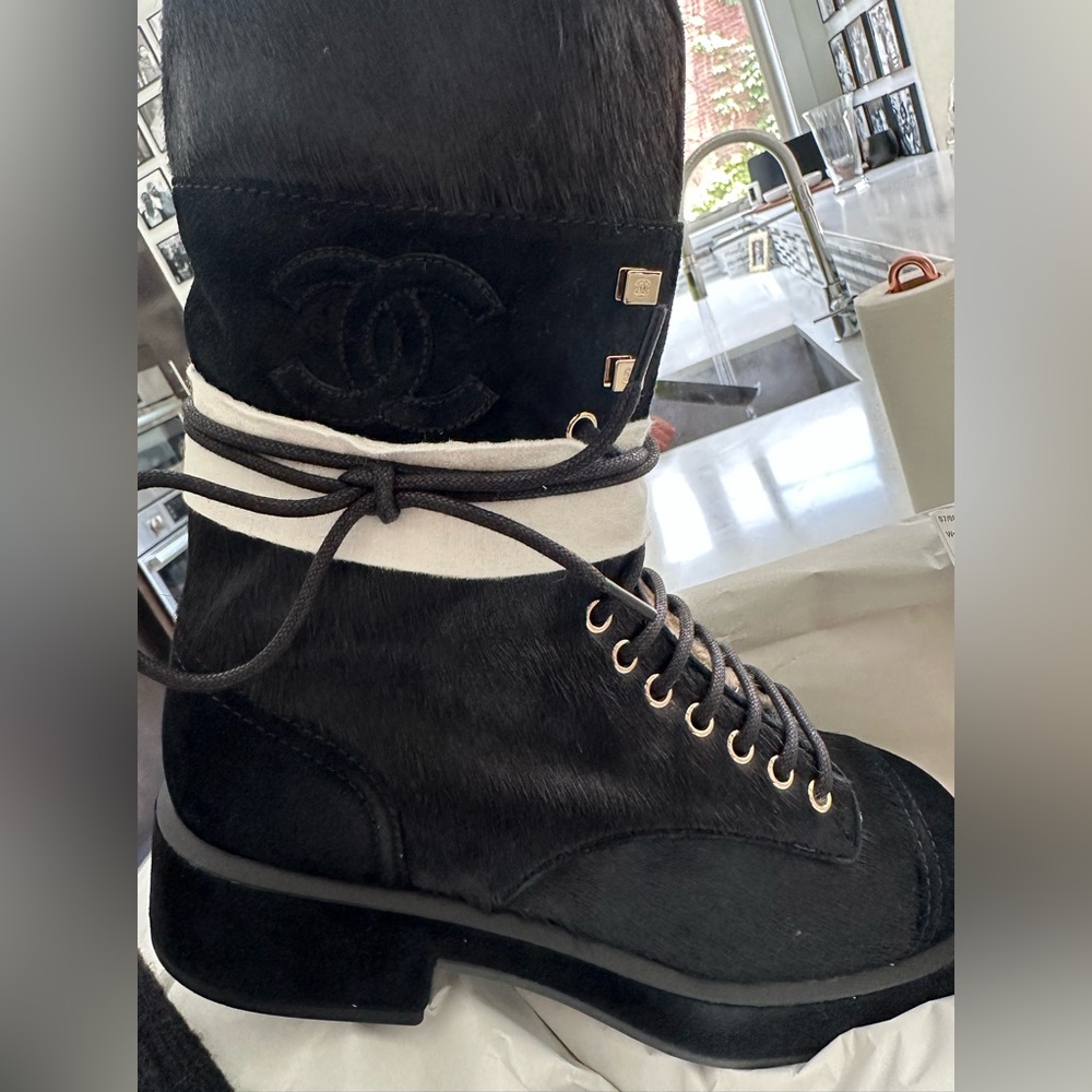 CHANEL PONY HAIR SHERLING BOOTS ANGORA SOCKS 38RARE 
100% Authentic NEW IN BOX